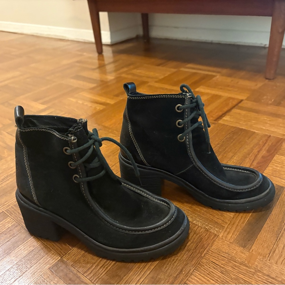 Fly London Black Suede Lace-Up Chunky Heel Ankle Boots